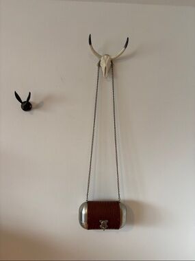 Unique Brown Leather and Silver métal Crossbody Bag